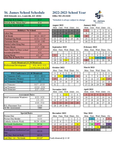 St James Academy Calendar